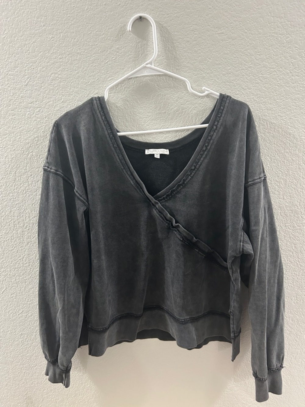 Z Supply Active Washed Black Faux-Wrap V-Neck Sweatshirt